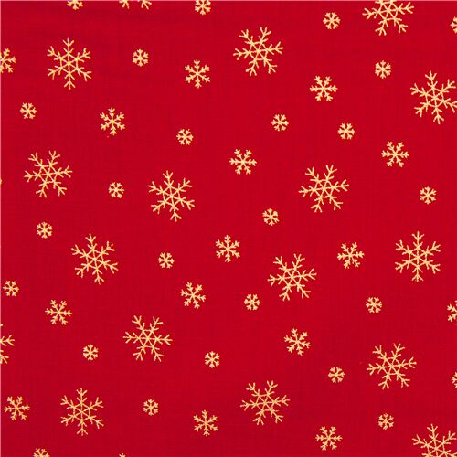 Tissu de Noël rouge importé du Japon avec des flocons de neige or métallique Tissu