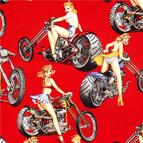 Vintage Pin up Girls on Motorbikes Fabric by Alexander Henry Fabric
