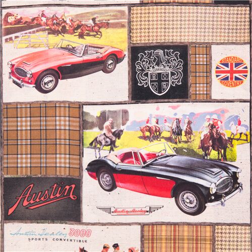 Tissu en coton patchs rouges et tweed Austin Healey sport voiture Tissu