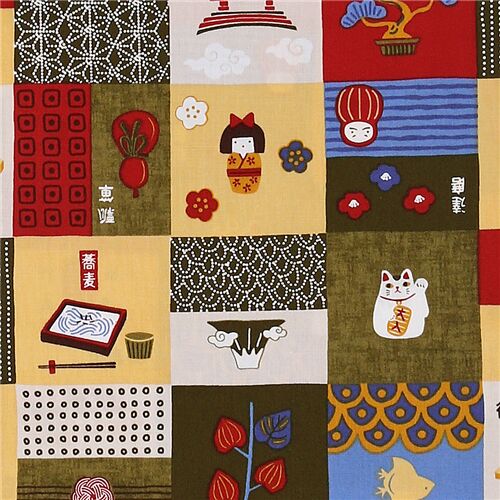 Tissu style patchwork avec des motifs japonais rtro par Trans-Pacific Textiles Tissu