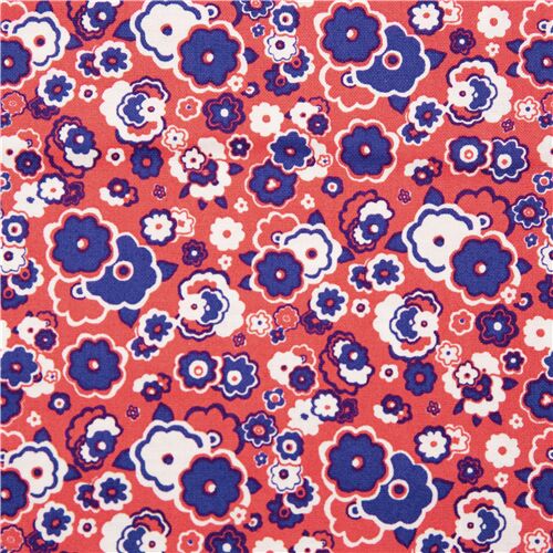 Tissu en coton rouge fleurs hippie rtro bleu indigo et blanches Tissu