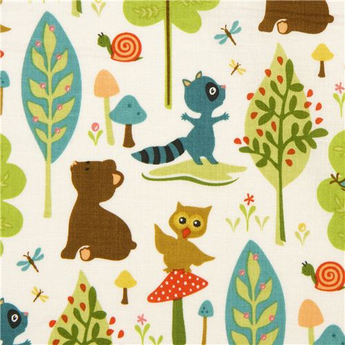 Riley Blake animal fabric with owl racoon bear tree 1