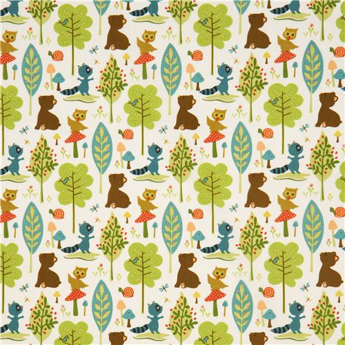 Riley Blake animal fabric with owl racoon bear tree 2