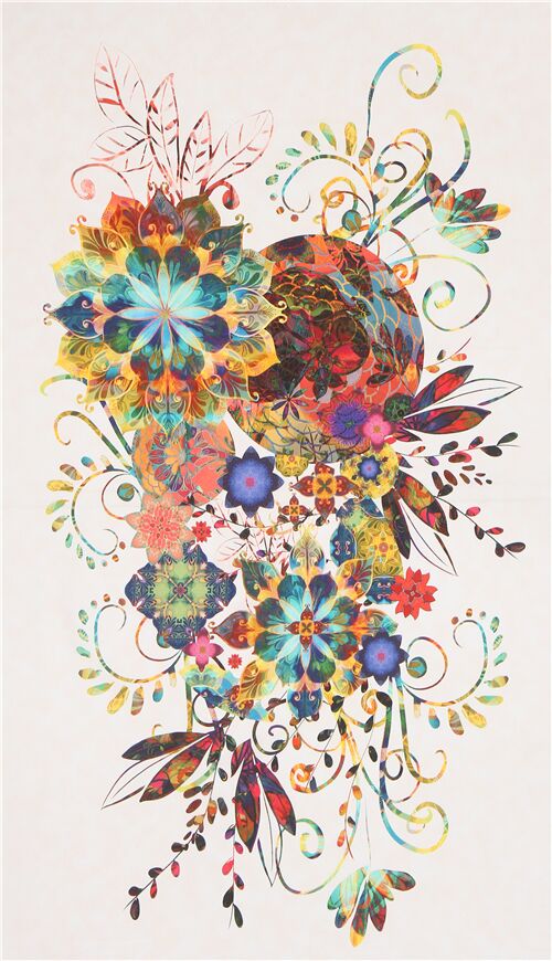 light cream Robert Kaufman colorful flower medallion panel fabric Fabric