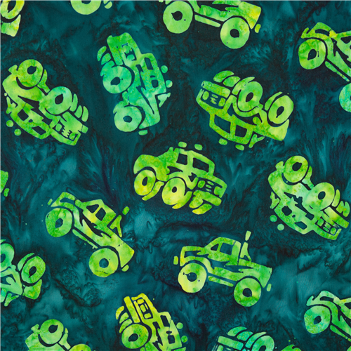 tessuto verde scuro batik di cotone monster truck USA Tessuto