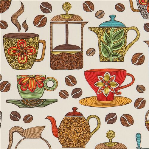 Cremefarbener Stoff mit bunten Kaffeetassen und Kannen von Robert Kaufman Stoff