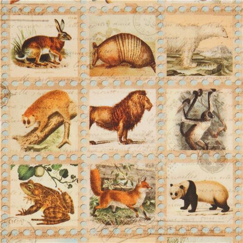 Natural Vintage Animal Stamps Fabric