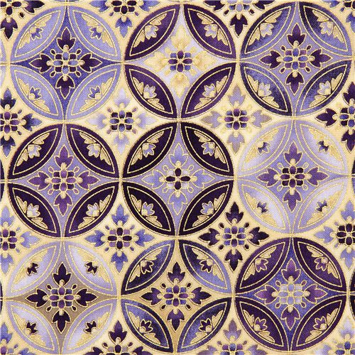 Tessuto Robert Kaufman con fiori viola e decorazioni dorate Tessuto