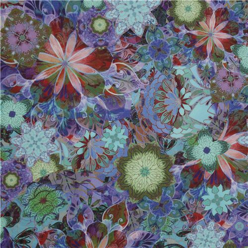 tessuto Robert Kaufman fiori blu viola stile murano Tessuto