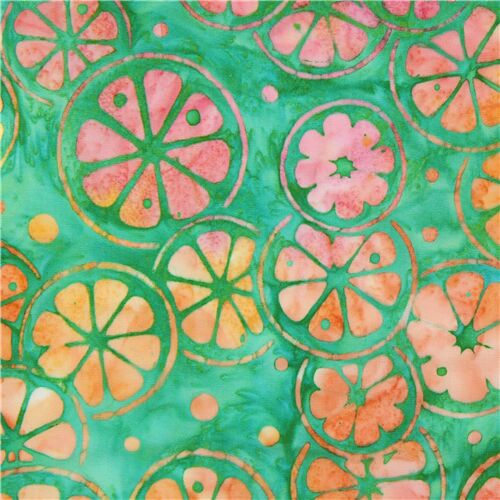 Robert Kaufman lime green batik fabric with oranges Fabric