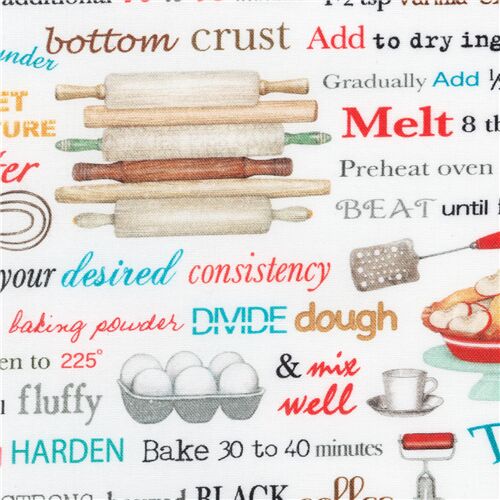 Robert Kaufman tela blanca con dibujos y palabras de cocina y horno en inglés Tela