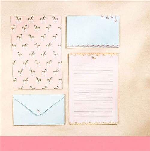 Rocking horse letter set pastel pink green 3 envelopes 6 sheets paper 4