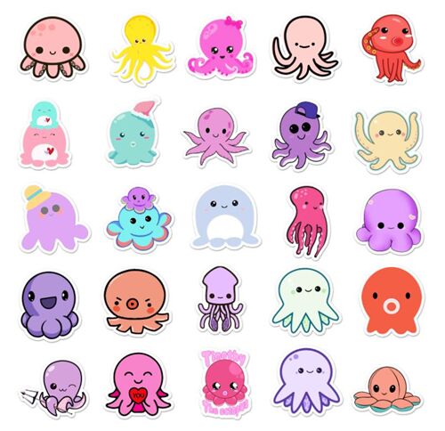 Sea creatures 50 unique octopus designs cute flake stickers diecuts 7