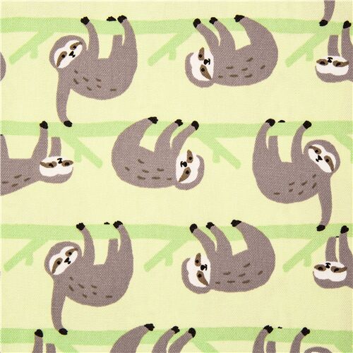 Tela japonesa oxford verde con perezoso en ramas animal de bosque vulnerable Tela
