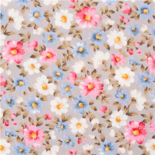 tessuto grigio fiorellini margherite fiori rosa blu bianchi Tessuto
