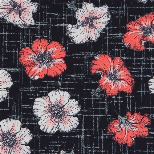 Tissu jersey Stof Fabrics gris fonc avec des fleurs d'hibiscus vintage Tissu