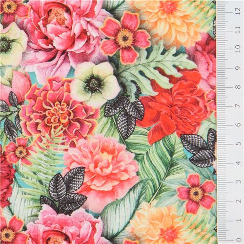 Stoffrest (32 x 112 cm) - Bunter Stoff mit Pfingstrosen und Dahlien von Stof France 2