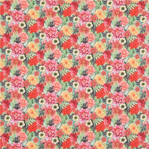 Stoffrest (32 x 112 cm) - Bunter Stoff mit Pfingstrosen und Dahlien von Stof France 3
