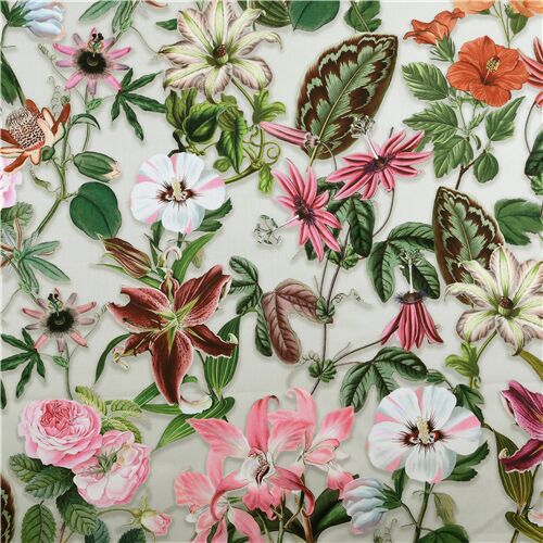 Bunte tropische Blumen auf hellgrauem Baumwollstoff Stoff