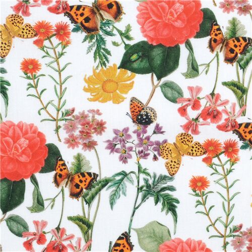 Colorful Blooms with Butterflies Fabric