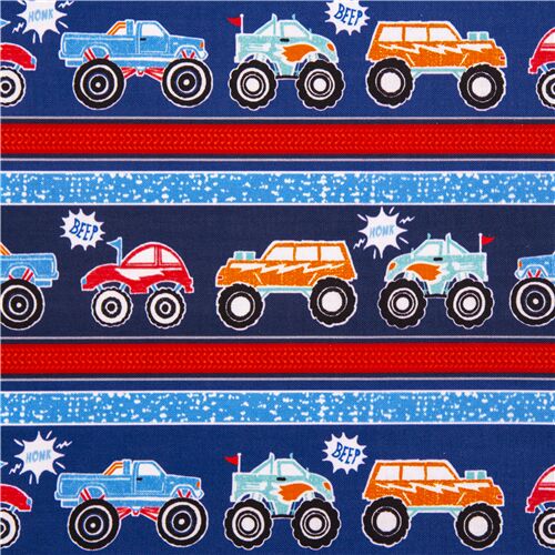 Giant Wheels Team Monster Trucks Striped Fabric