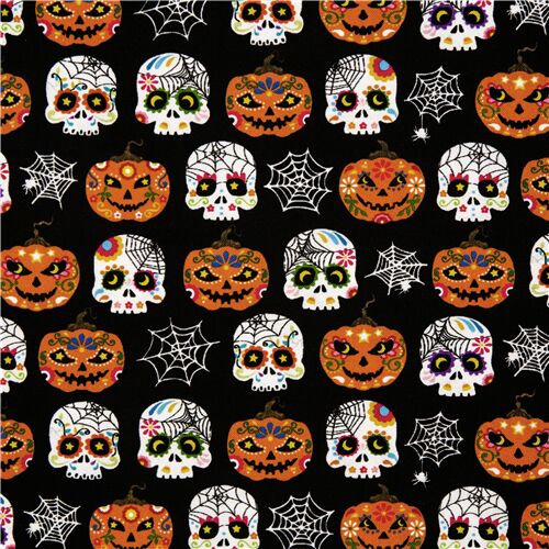Tissu en coton noir avec des crnes en sucre, des citrouilles USA Tissu