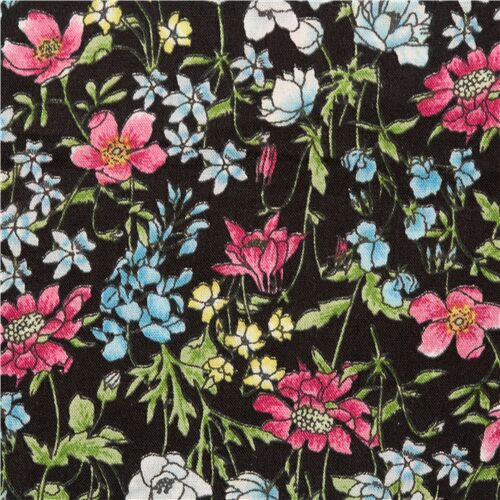 Tissu linon en coton noir féminin avec des fleurs multicolores Tissu