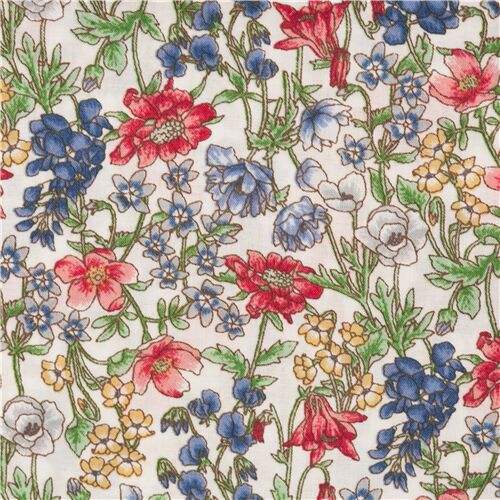 Tissu linon en coton blanc fminin avec des fleurs multicolores Tissu