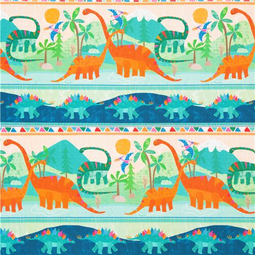 Tela de rayas infantil con dinosaurios arcoíris verdiazul Tela