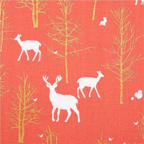Tissu Michael Miller Timber Valley Coral avec des cerfs et la fort  Tissu