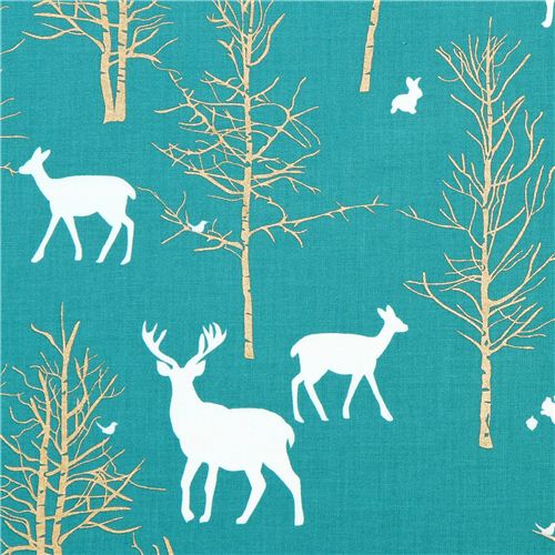 Tissu Michael Miller Timber Valley sarcelle avec des cerfs et une fort Tissu