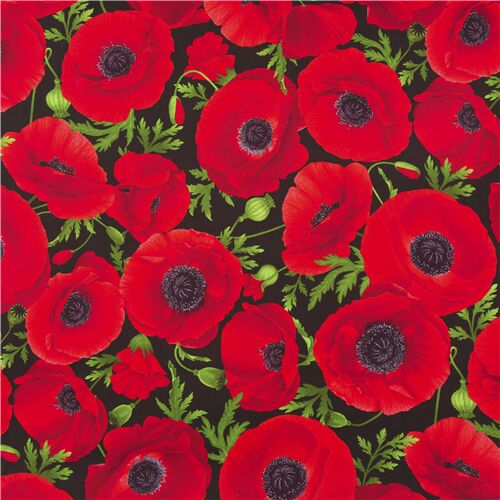 Remnant (36 x 112 cm) - Timeless Treasures black cotton fabric with red poppy flowers 2