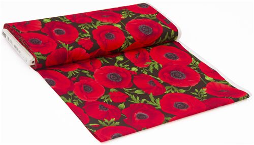 Remnant (36 x 112 cm) - Timeless Treasures black cotton fabric with red poppy flowers 4