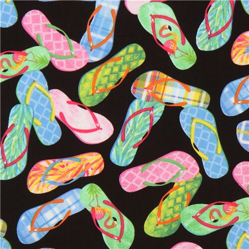 Timeless Treasures black fabric with colorful tossed flip flops Fabric