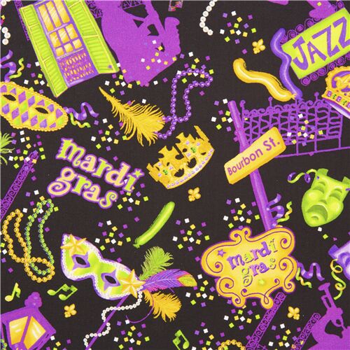 tessuto nero mardi gras ornamenti gialli viola verdi Tessuto