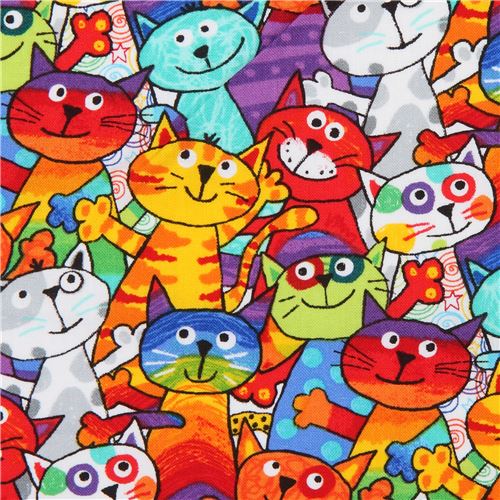 Fun Bright Colorful Cartoon Cat Fabric
