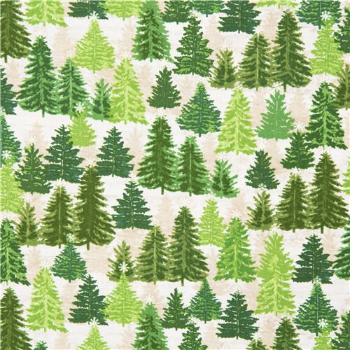 tessuto color neutro Timeless Treasures natalizio alberi verdi neve  Tessuto