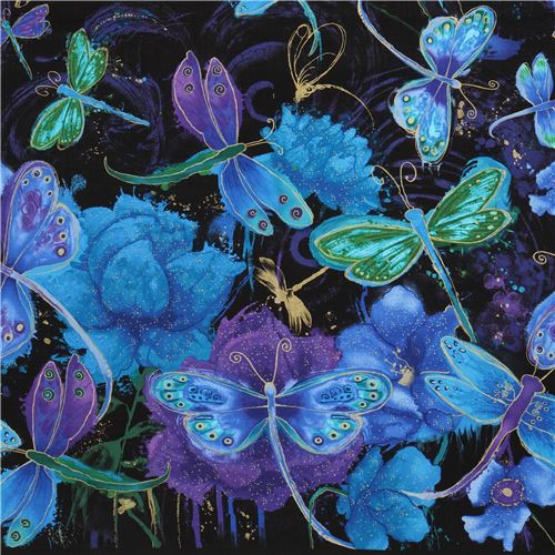 Timeless Treasures metallic dragonfly fabric in black Fabric