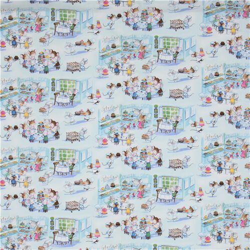 Chutes de tissu de (39 x 112 cm) - Tissu Timeless Treasures bleu clair avec des souris au caf� 5