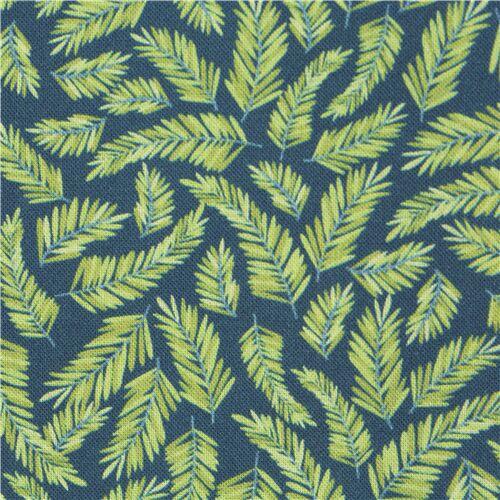 Tissu en coton bleu marine feuilles vertes, thme nature Tissu