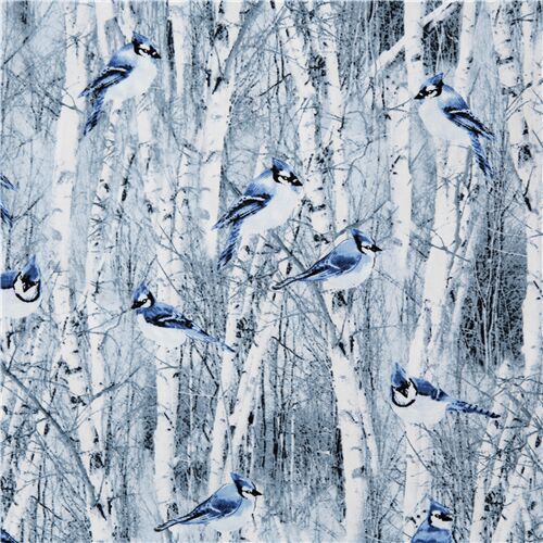 Tissu sur la nature avec des bouleaux blancs des oiseaux bleu Tissu