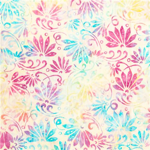 Tissu batik teint fleurs roses et bleues formes ventails Tissu