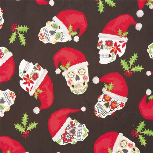Tissu polyester crânes en sucre rouges-blanc branches houx Tissu