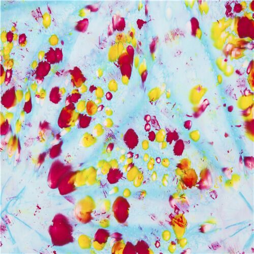 Tissu bleu style batik avec des taches jaunes et rose magenta Tissu