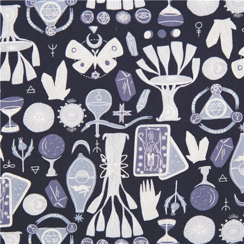 Tissu en coton gris foncé cristaux mystiques, tarots, Toil & Trouble Tissu