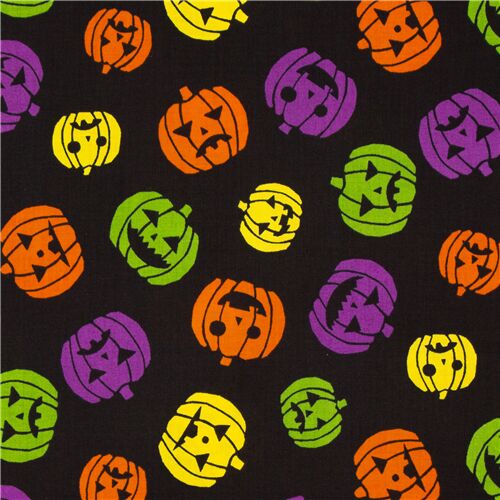 Tissu d'Halloween noir avec des citrouilles dans tous les sens, import du Japon Tissu