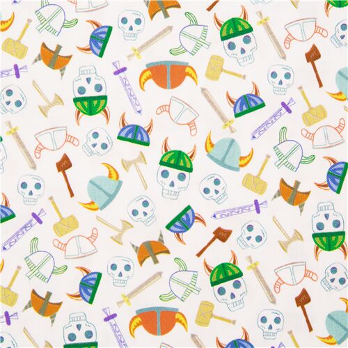 Tossed Viking Weapons and Skulls Fabric