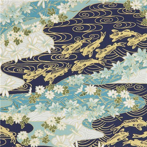 Remnant (23 x 112 cm) - Trans-Pacific Textiles koi and flower fabric in metallic gold and blue