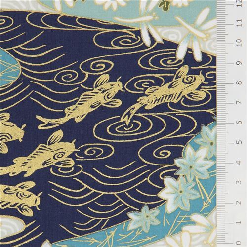 Remnant (23 x 112 cm) - Trans-Pacific Textiles koi and flower fabric in metallic gold and blue 2