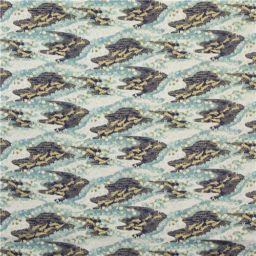 Remnant (23 x 112 cm) - Trans-Pacific Textiles koi and flower fabric in metallic gold and blue 3